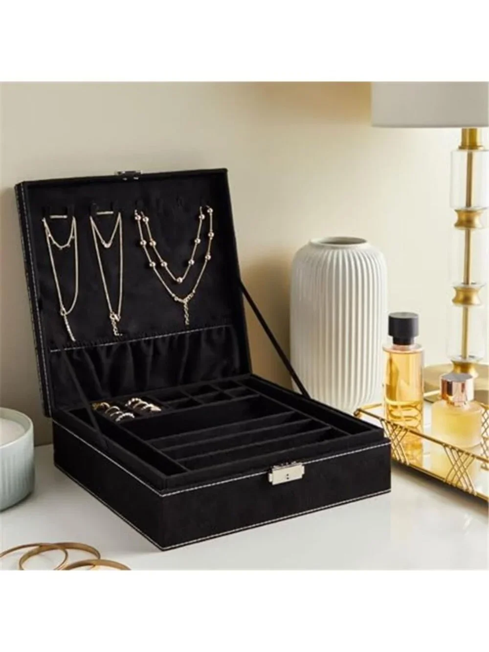 Velvet Jewelry Box Organizer Locking Storage Case Ring Necklace Earring Holder